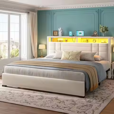 King Size Bed Frame with 2-Tier Storage Headboard,King Bed Frame with Metal Slats, Noise Free, Beige