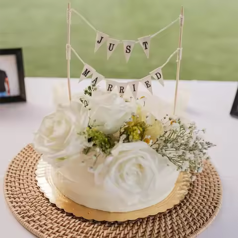 Wedding Cake Topper Vintage Affair Rustic Just Married Wedding Cake or Cheese Bunting Bridal Shower 