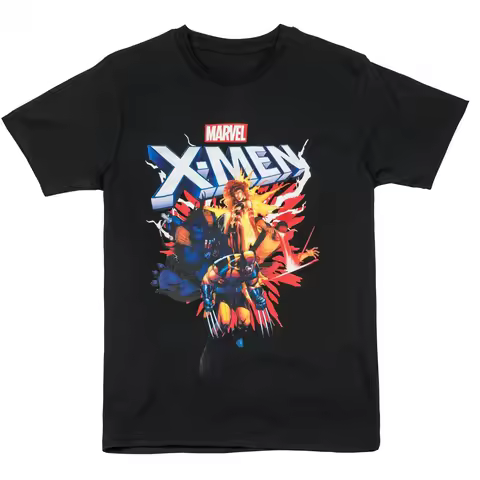 Men's Black X-Men Pattern T-shirt with 3D Lightning Font Printing Featuring Wolverine and The Storm 