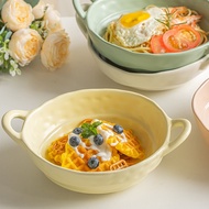 Creamy Ceramic Double Ear Bowl, ins Style Ceramic Irregular Bowl, Large Capacity Instant Noodle Bowl