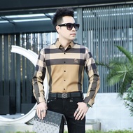 เสื้อเชิ้ตแขนยาวแบรนด์ฮิตเสื้อเชิ้ตลายสก๊อตแนวเท่ๆสไตล์ยุโรปสำหรับผู้ชายเสื้อเชิ้ตลายตารางเข้ารูปเสื