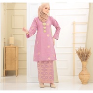 BAJU KURUNG PAHANG SONGKET COTTON TENUN CORAK BUNGA TABUR ROSE PINK LIGHT GOLD DUSTY PINK BAJU RAYA 