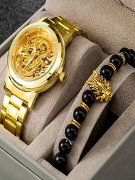 1入組男士金色鈦合金錶帶休閒中國龍細節圓形指針石英手錶和1入組串珠手鍊，適合日常生活