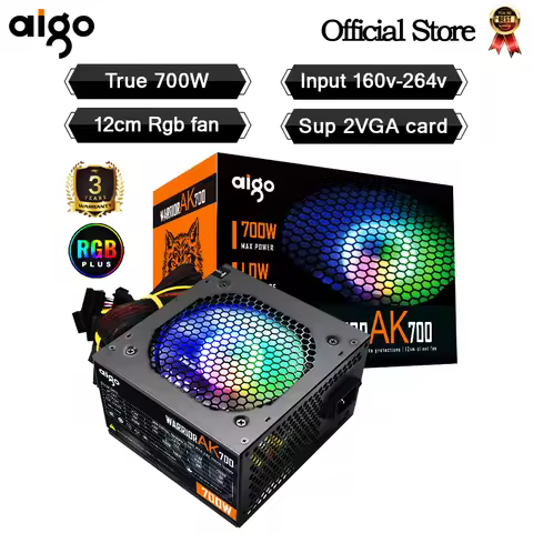 Aigo AK 700W PC PSU Power Supply unit Black Gaming Quiet 120mm rgb Fan 24pin 12V ATX Desktop compute