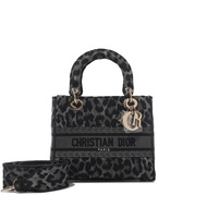 Christian Dior Grey and Black Leopard Pattern Mizza Embroidery Medium Lady D-Lite Bag Pale Gold Hardware