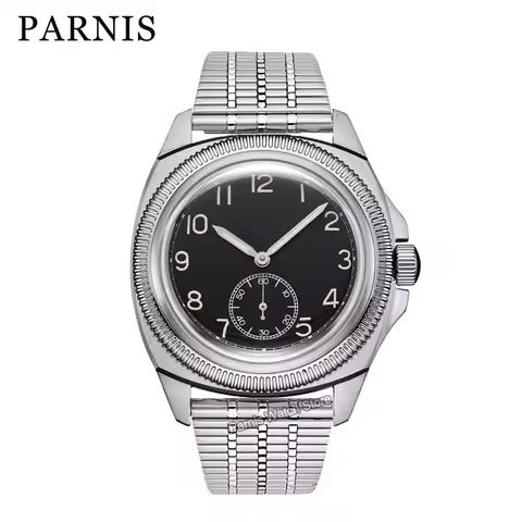 Parnis 41mm Black Dial Seagull1701 Automatic Mechanical Men Watch Stainless Steel Strap