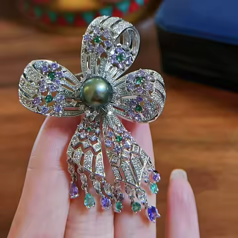 Natural Tahitian Black Pearl Brooch 9mm Bowknot Tassel Design with Multicolor CZ Accents Silver Plat