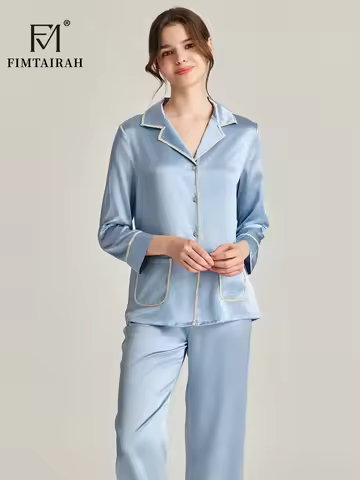 Fimtariah 22MM 100 Silk Pajamas Women Pants Tops Printed Striped Winter Autumn Sleepwear Nightsuit L