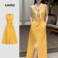 Lovito Casual Dress Button Front Spring/summer Yellow Dress for Women LBL28341 Lovito Gaun Kuning Mu