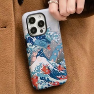 The fierce blue dragon and the red fish in the waves are two in one detachable phone cases designed 