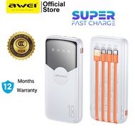Awei P67K Power Bank 10000mAh  3C Certification With Built-in Cables Fast Charging Slim Portable Cha