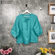 Zanzea Phụ Nữ Thanh Lịch 3/4 Tay Áo Bohemian Áo Cánh Nửa Nút cổ tròn Áo màu trơn #0721