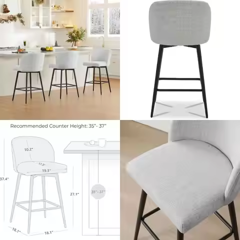 Set of 3 Counter Height Swivel Bar Stools with Upholstered Seats, Metal Legs, 26 Seat Height, White 