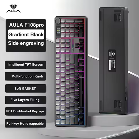 AULA F108 PRO Mechanical Keyboard Custom Wireless Bluetooth Gaming Keyboard with Screen Knob RGB Bac