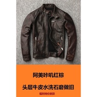 Jaket Kulit Tulen Clearance untuk Lelaki, Kulit Lembu Lapisan Pertama, Jaket Kulit Motosikal Kolar P