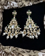 EVINCO GOLD PLATED KUNDAN GREEN MEENAKARI EARRINGS