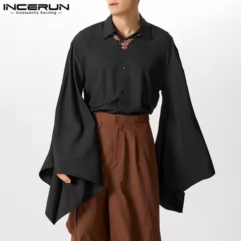 2026 Men Shirt Solid Color Lapel Flare Long Sleeve Button Vintage Casual Men Clothing Loose Streetwe