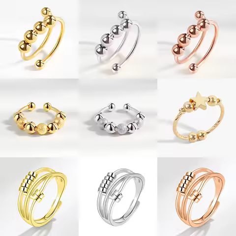 Metal Beads Anti Stress Anxiety Ring Fidget Spinner Rings Adjustable for Men Women Rotating Freely S