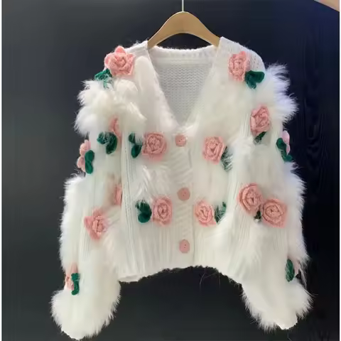 Women's New Sweet Rose Blossoms 3D Hook Flower Rose Blossoms Sweater 2025 Autumn Female loose Splici