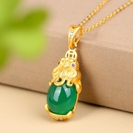 พร้อมใบรับรอง Lucky Charm สร้อยคอจี้หยก14K Piyao Amulet Energy Feng Shui Chalcedony Gemstone