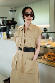 พร้อมส่ง เดรสแขนกุดผ้าพื้นกระเป๋าหน้า+เข็มขัด งานป้าย vshopbrand