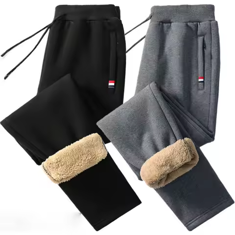 Winter Men's Cotton Tight Track Pants Fleece-Lined Thick Lambskin Knitted Sweatpants Casual Pants Me