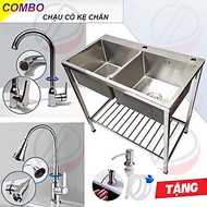 Bộ Chậu Rửa Chén Bát 2 Hộc Có Chân Cao 81cm KAZTA Kèm Vòi Inox Nóng Lạnh - Gồm kệ chân, chậu 82x45cm