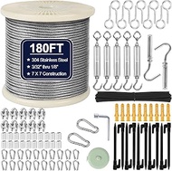 phepetroll 1/8" Wire Rope Kit 180FT Stainless Steel Aircraft Cable with M5 Turnbuckles, 7x7 Strand C