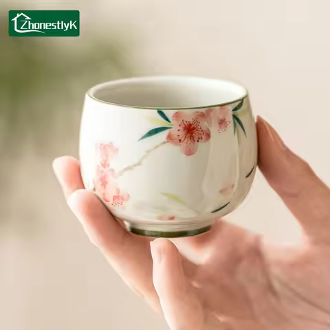 Chinese Style Hand-painted Peach Blossom Ceramic Tea Cup Kung Fu Tea Cups Set Celadon Coffee Teaware