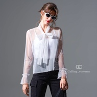 CALLING_COSTUME เสื้อซีทรู+ซับสีขาว ดีเทลผูกโบว์ที่คอคอเก๋มาก+กางเกงคาร์โก้ปักเลื่อม Top 2 piece (CL