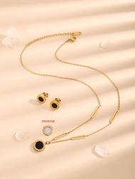 3入組時尚黑白色人造珍珠雙面羅馬數字吊墜項鍊和圓形耳環套裝