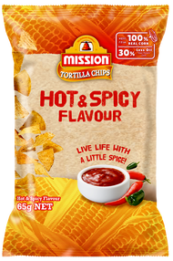 Mission Tortilla Chips Hot &amp; Spicy Flavoured 65g ขนมข้าวโพดทอดกรอบรสเผ็ดร้อน ขนาด 65 กรัม (0328)