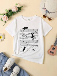 SHEIN 白色青少年女孩貓咪與音符印花圓領短袖t恤,分開出售