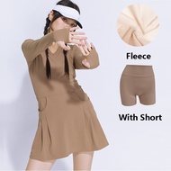 Female Fleece Tennis Dresses Ladies V-neck Long Sleeve Workout Dress Women Warm Side Pocket Sport Skort with Inner Short