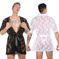 2pcs Men Robe Lace Bathrobe Nightwear See Through Underwear Pajamas Lingerie Short Sleeve Sexy Bathrobes With Belt Gay Sleepwear