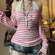 Mine Series Punk Style Clothing y2k Clothes Women's Light Asian Retro Striped Color Matching v-Neck 