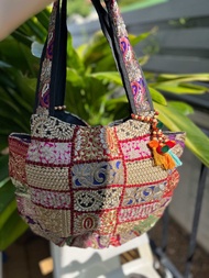 Oval Shaped Hand Embroidered Zipper Canvas Tote Bag