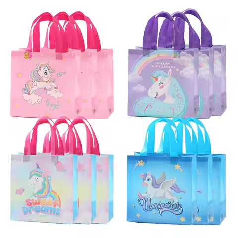 4Pcs Cartoon Unicorn Children Birthday Gift Bags Nonwoven Candy Snack Packaging Bag Pouch Girl Unico
