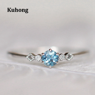 Kuhong แหวนทองคำขาว18K สำหรับผู้หญิงแหวนสีฟ้าน้ำทะเลธรรมชาติ