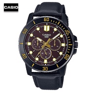 Velashop นาฬิกาข้อมือผู้ชายคาสิโอ Casio Standard สายหนังสีดำ หน้าปัดแดง รุ่น MTP-VD300BL-5EUDF, MTP-VD300BL-5E, MTP-VD300BL