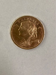 1927年B瑞士金幣！成色22 K（90%黃金）！重量6.34克（1.69錢重）！闊20mm！正面是瑞士小姐頭帶花環（雪絨花），背面是阿爾卑斯山！另一面是十字疊加像樹，分枝用 絲帶綁在一個20法郎瑞士