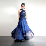 TIMBEE LO藍黑色漸變色星河晚裝禮服裙 布包珠子水晶閃鑽手工裝飾