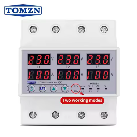 3 Phase 100A Din Rail Adjustable Over Under Voltage Current Limit Protection Relay Protector SYN ASY