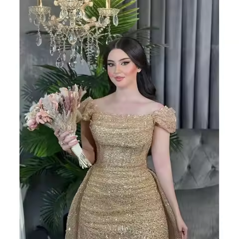 Cathy Gold Glitter Mermaid Wedding Dresses Off the Shoulder vestidos de noche Elegant Detachable Tra