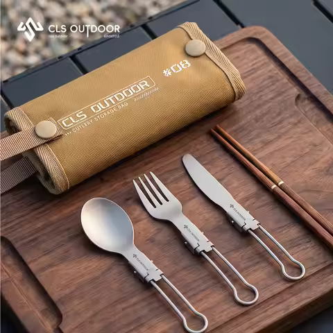 CLS 4 pcs 1 set Portable Outdoor Camping Travel Picnic Foldable Titanium Cutlery Set Spoon Fork Knif