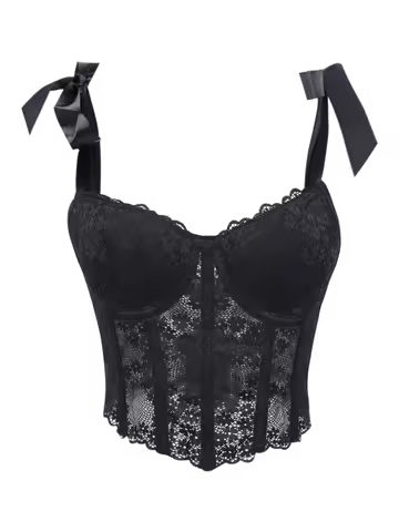 Women Bow Tie Strap Lace Corset Bustier Top Waist Shaping Coquette Cropped Multi‑Color Party Club To