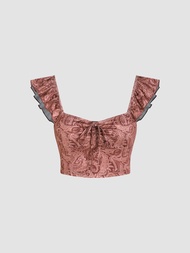 Cider  Paisley Square Neck Knotted Crop Tee