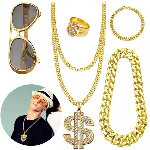 80s 90s Hip-Hop Flamboyant Punk Big Gold Chain Hip Hop Fancy Dress Costumes Rock Star Glasses Hip Ho