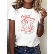 Y2K Fashionable and Elegant Style—Shoes Letter Denim Pattern Print Women's Round Neck Pullover T Cas