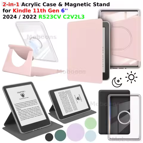 For Kindle 11th Gen Case 6'' 360° Rotatable 2-in-1 Magnetic Detachable Acrylic Case PU Leather Stand
